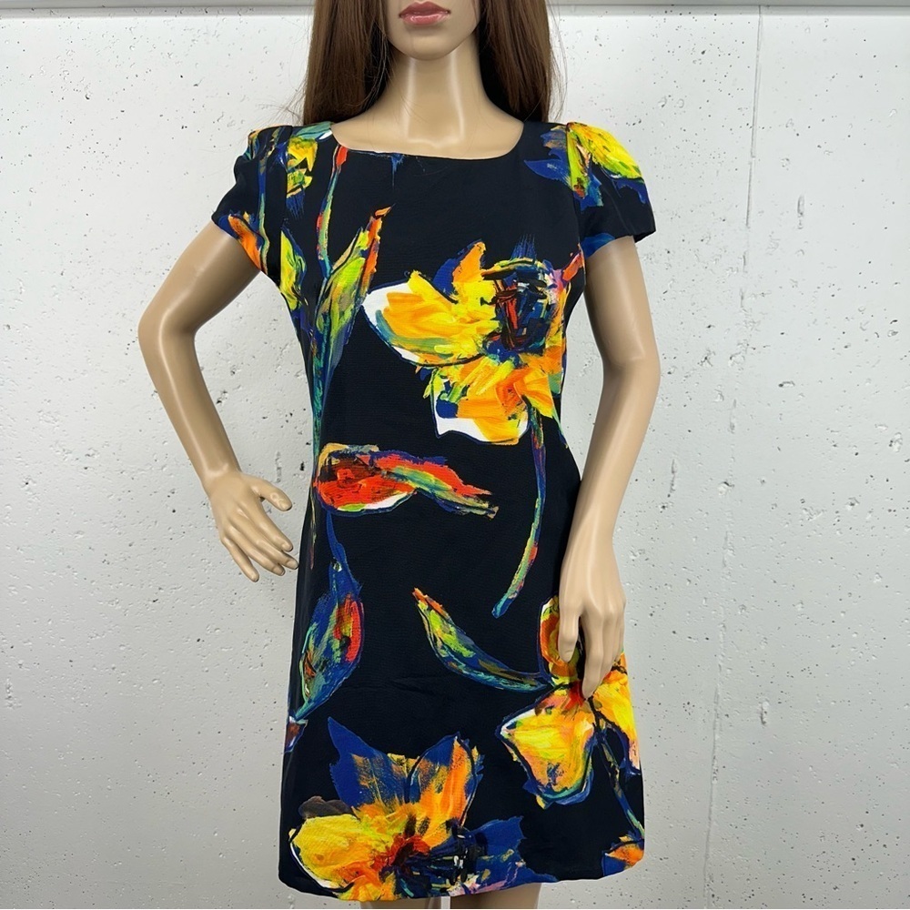 Milly Women’s Size 4 Black Blue Yellow Floral Lined Dress